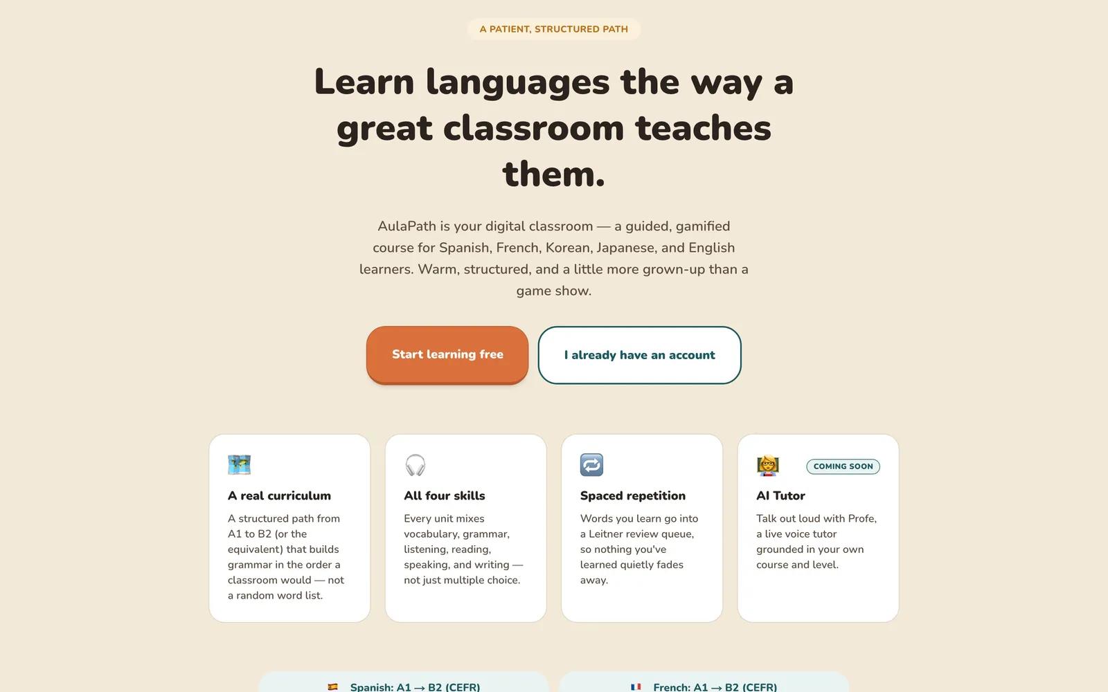 AulaPath landing page explaining its structured curriculum approach
