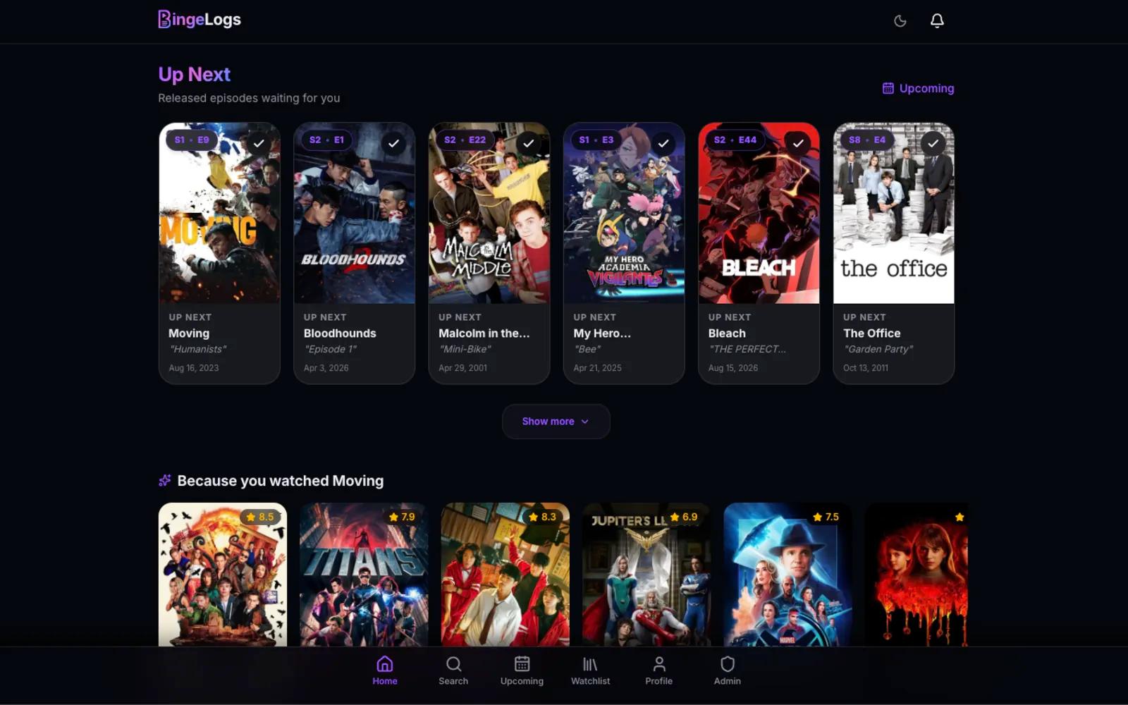 BingeLogs Up Next row showing the next unwatched episode for six tracked shows