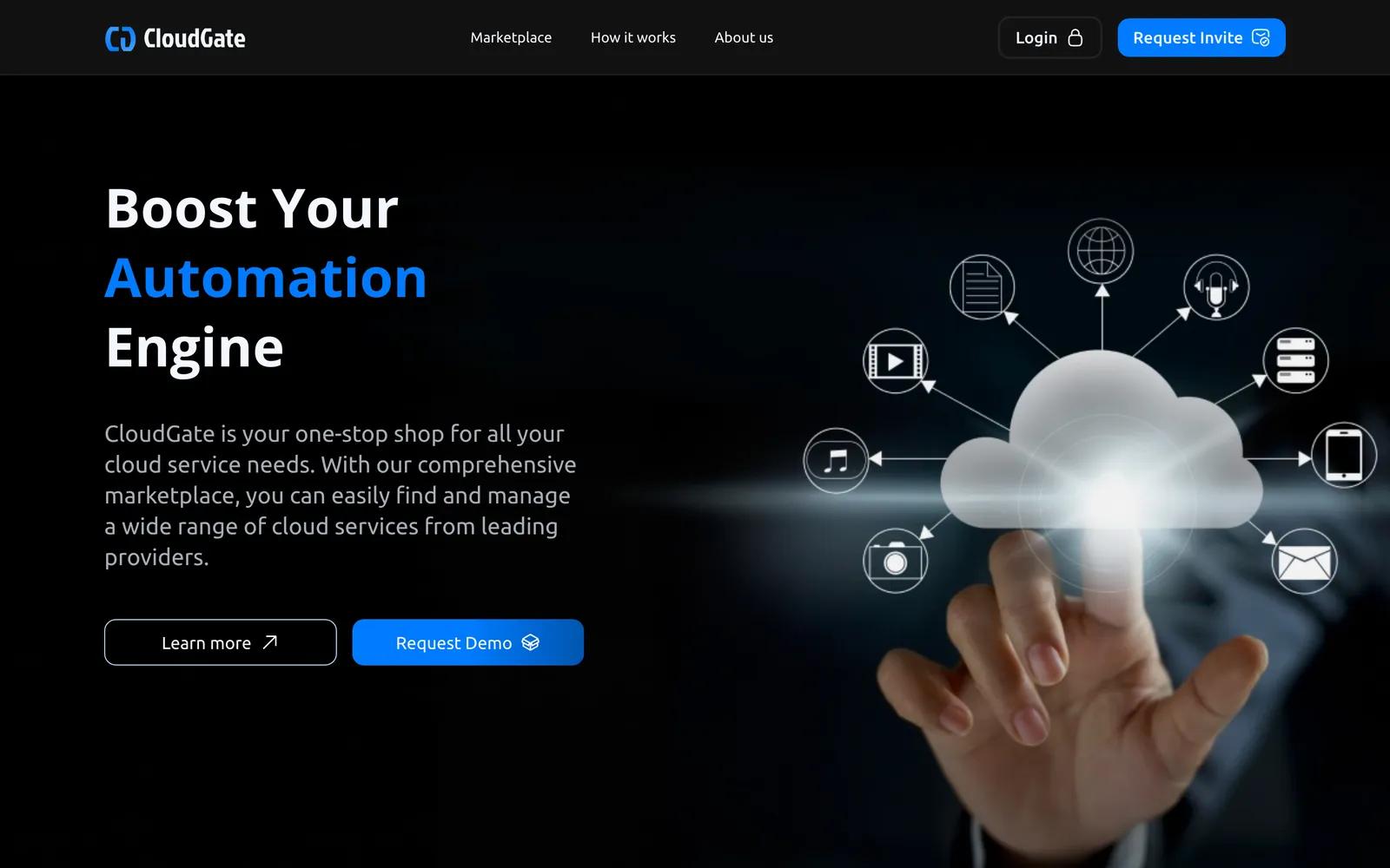 CloudGate landing page headlined Boost Your Automation Engine