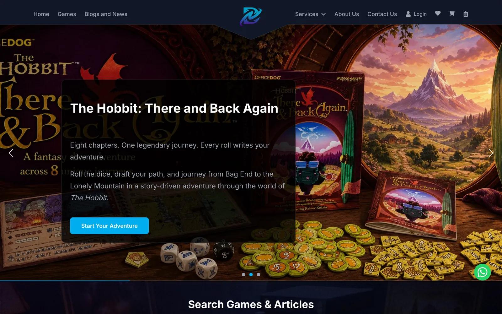 Dimensions Games homepage with a featured board game hero carousel